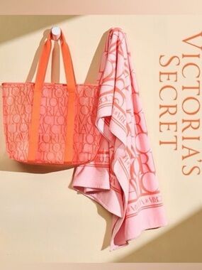 Victoria's Secret Coral Pink Logo Beach Cotton Terry Towel 70" × 39" & Mesh Tote